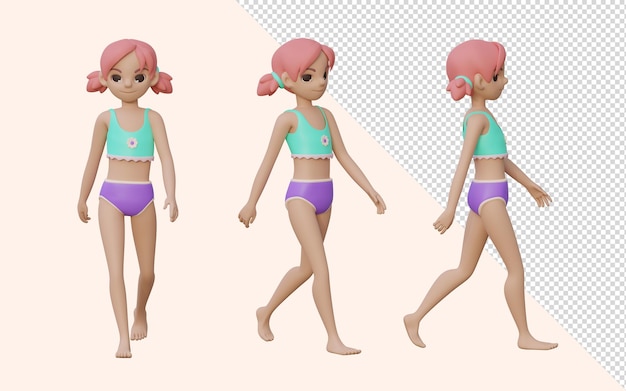 3D render chica posturas caminando conjunto