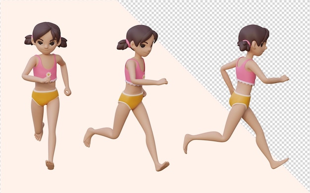 3D render chica posturas corriendo conjunto