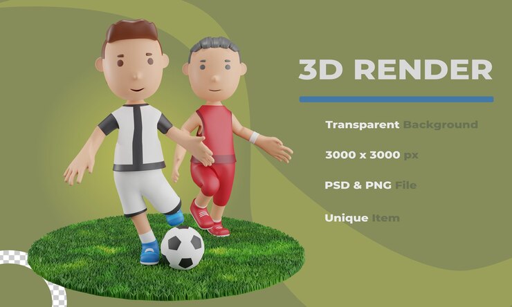 PSD 3d render chicos jugando fútbol soccer