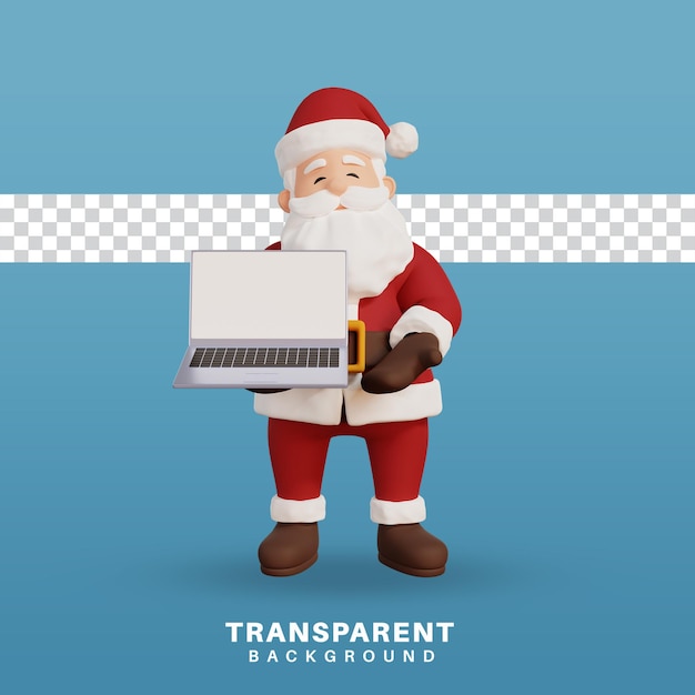 3D render Christmas concept illustration santa tenant un ordinateur portable avec écran blanc