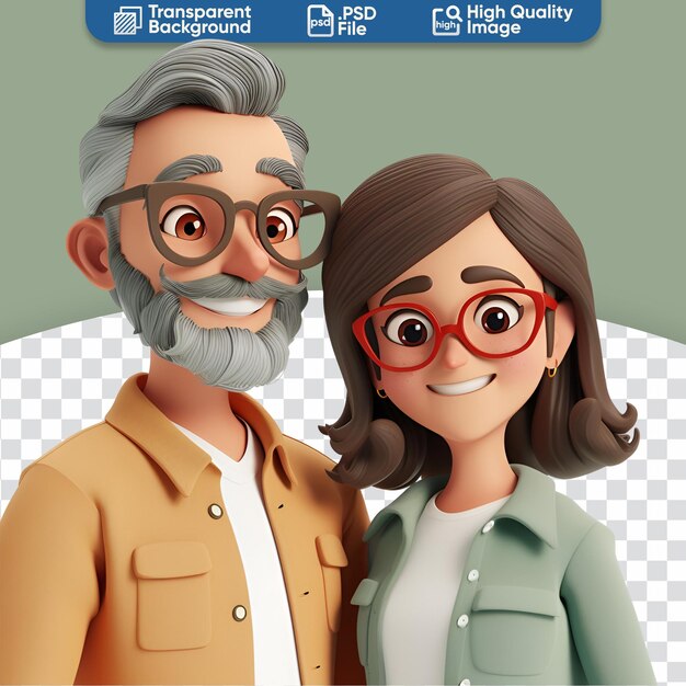 PSD 3d render close up casal feliz de meia-idade em desenho animado.