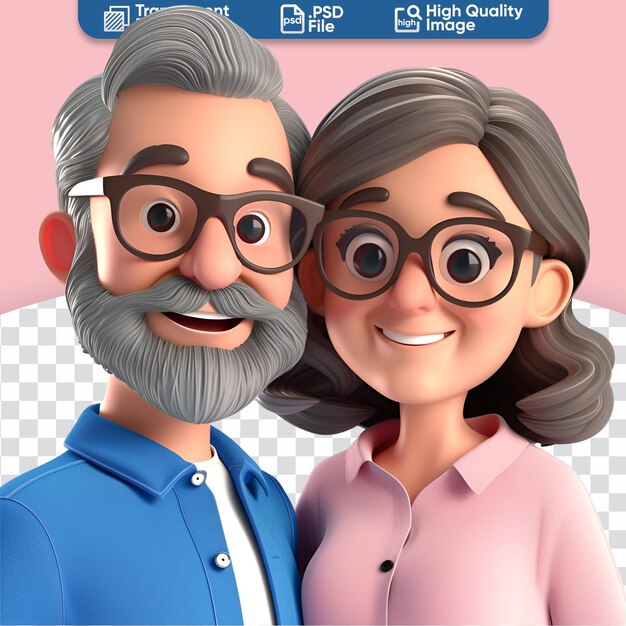 PSD 3d render close up homem e mulher velhos casal feliz.