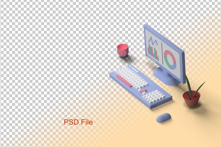 PSD 3d render computadora de mesa con gráficos y una taza de café y una planta