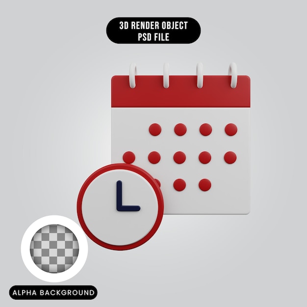 PSD 3d render concepto simple icono de calendario con reloj