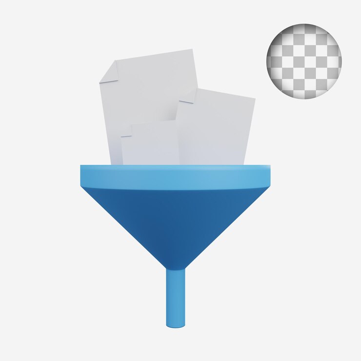 PSD 3d render concepto tecnología icono documento en papel en embudo