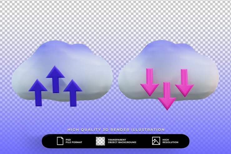 PSD 3d render concepto de transferencia de archivos en la nube conjunto ilustración aislado