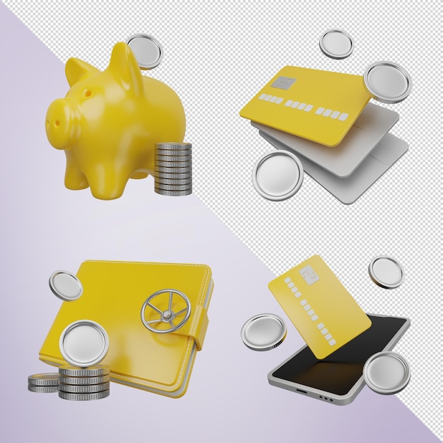 3d render conjunto alcancía amarilla con monedas de plata tarjetas de crédito billetera pago móvil