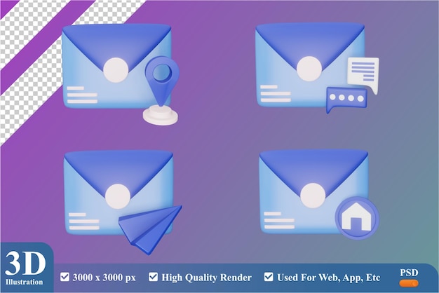 PSD 3d render conjunto correo icono ilustración premium psd