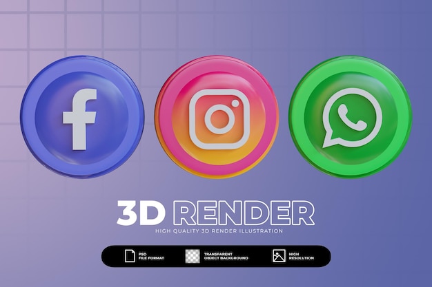 3d render conjunto de ícones de mídia social