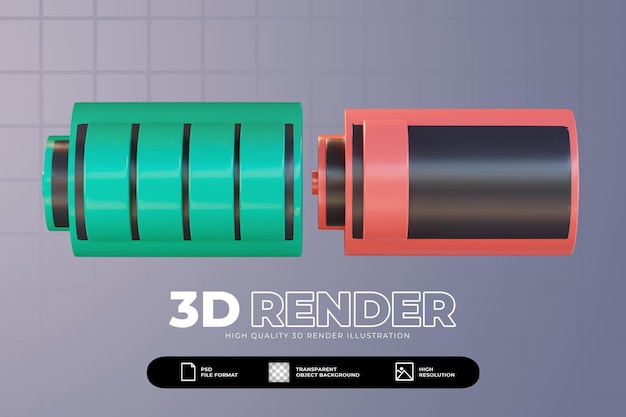 PSD 3d render conjunto de iconos de batería llena y baja