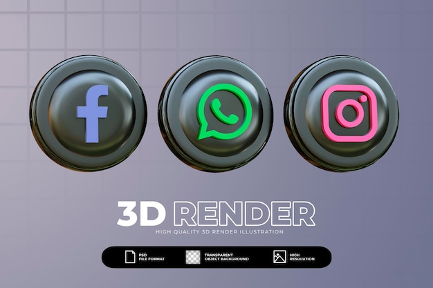 PSD 3d render conjunto de iconos negros de redes sociales