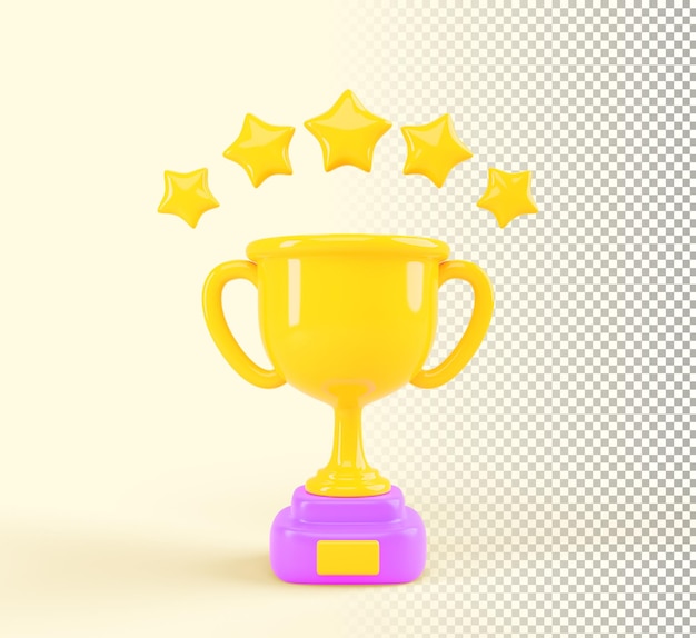 3d render copa del ganador con estrellas elementos de puntuación de juego copa de oro de dibujos animados con iconos de bonificación aislados en el fondo premio de trofeo de rango o premio de nivel concepto de éxito en la competencia ilustración 3D