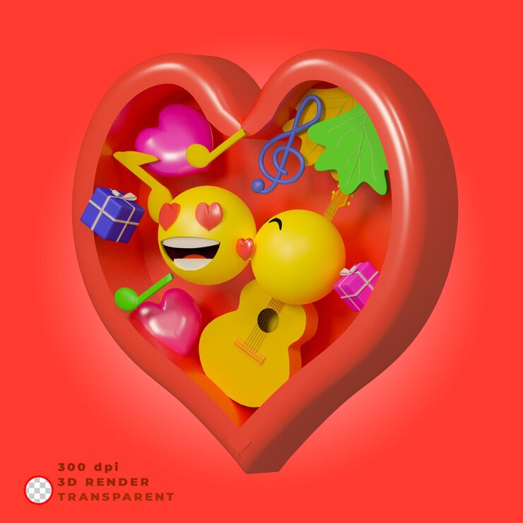 PSD 3d render corazón y emoticono beso 1