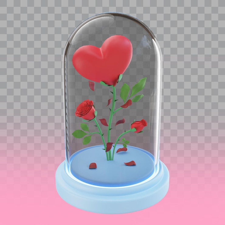 PSD 3d render corazón flor en vidrio san valentín