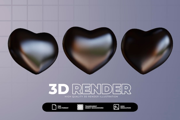 PSD 3d, render, corazón negro, amor, icono, conjunto