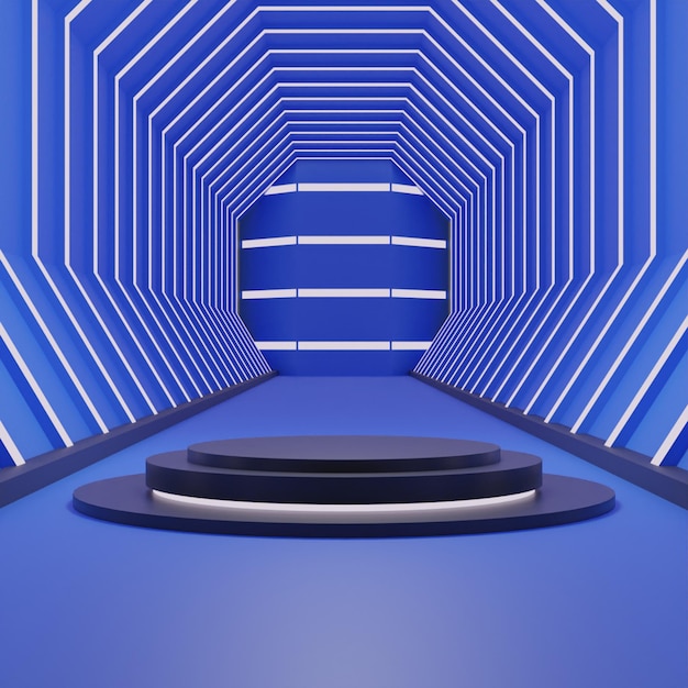 3D render corredor podio negro sobre fondo azul