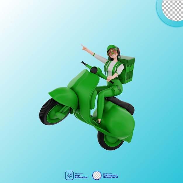 PSD 3d render courier con bolsa de entrega y scooter