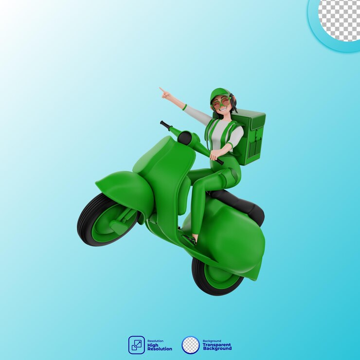 PSD 3d render courier com saco de entrega e scooter