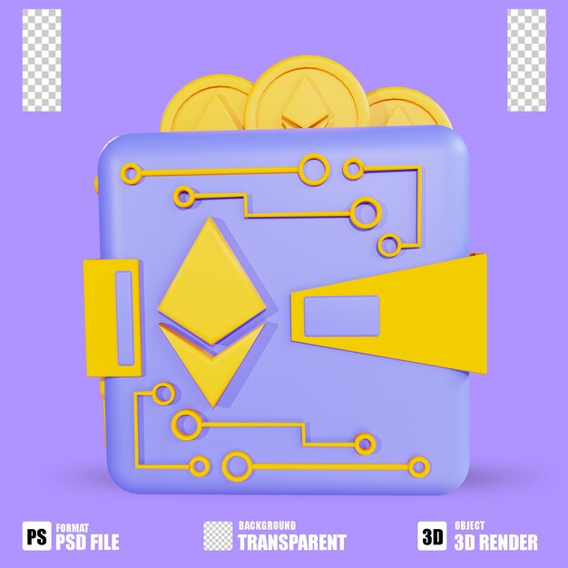 3D render cryptocurrency icon ethereum wallet with trasparent background