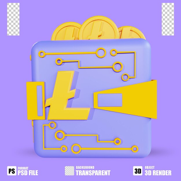 3d render cryptocurrency icon litecoin wallet with trasparent background