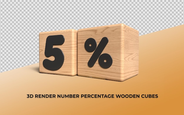 3d render cubo de madeira número 5 porcentagem para o progresso da venda
