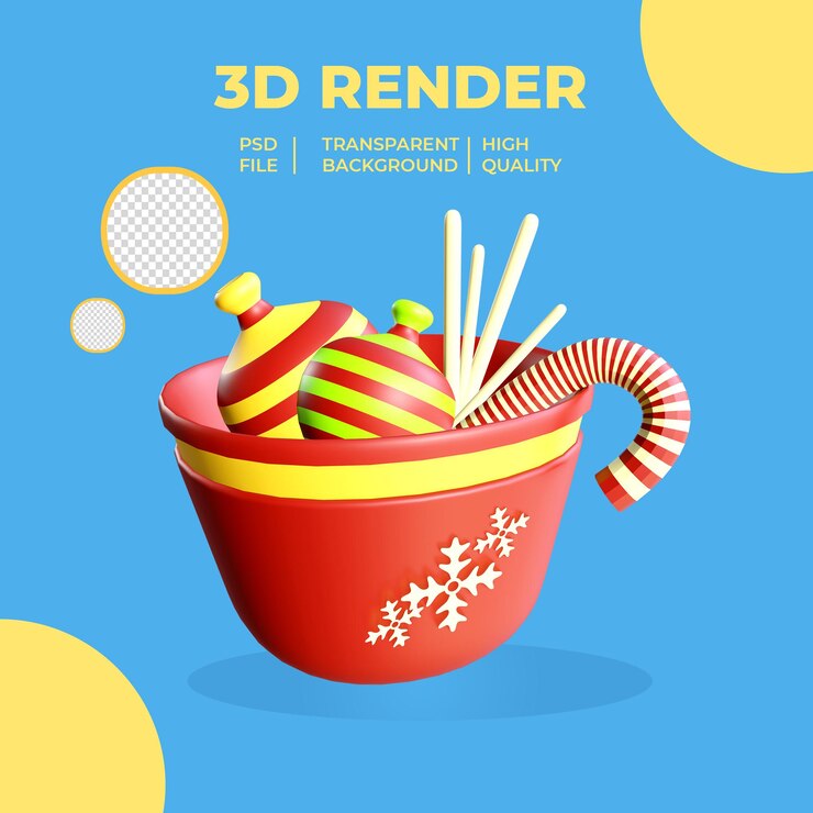 PSD 3d render cuenco rojo con dulces y galletas sobre fondo transparente