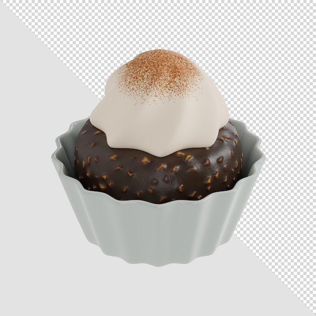 3D render cupcake de chocolate con crema y cacahuetes de cacao y canela