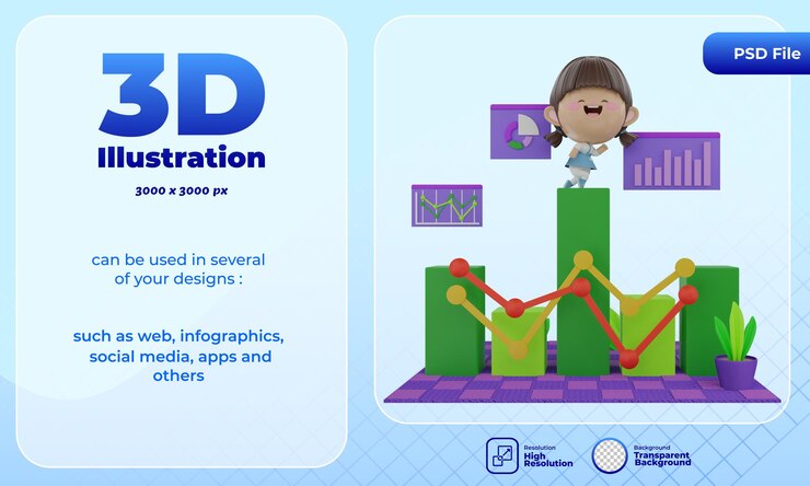 PSD 3d render cute character with business analytics