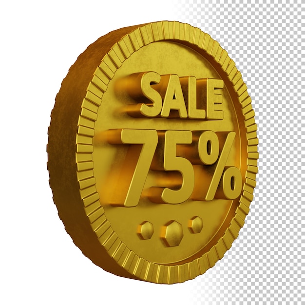 3d render da venda 75% de desconto com emblema circular em negrito dourado isolado