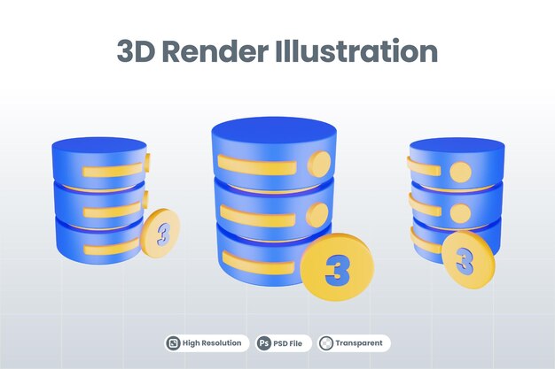 3D-Render-Datenbankserver-Symbol mit drei isolierten Symbolen