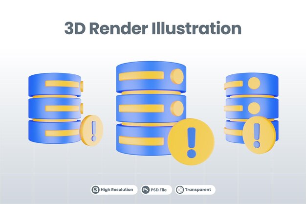 3D-Render-Datenbankserver-Symbol mit isoliertem Ausrufezeichen