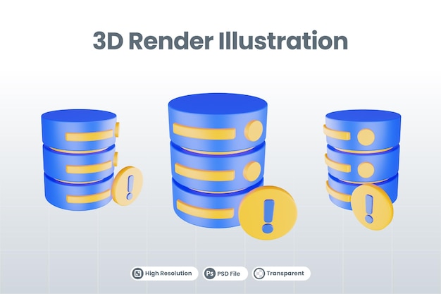 3D-Render-Datenbankserver-Symbol mit isoliertem Ausrufezeichen