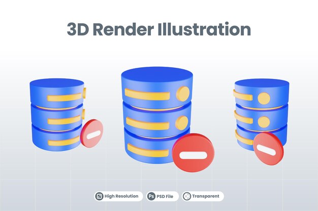 3D-Render-Datenbankserver-Symbol mit isoliertem Minus-Symbol