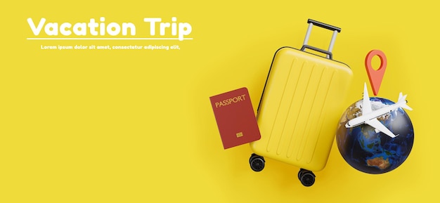 3D render de mala de viagem com acessórios e conceito de viagens de férias