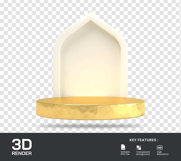 PSD 3d render decoración islámica con podio para eid o ramadan mubarak ilustración aislada