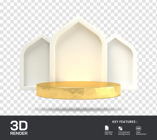 PSD 3d render decoración islámica con podio para eid o ramadan mubarak ilustración aislada