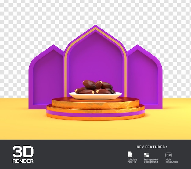 PSD 3d render decoración islámica con podio para eid o ramadan mubarak ilustración aislada