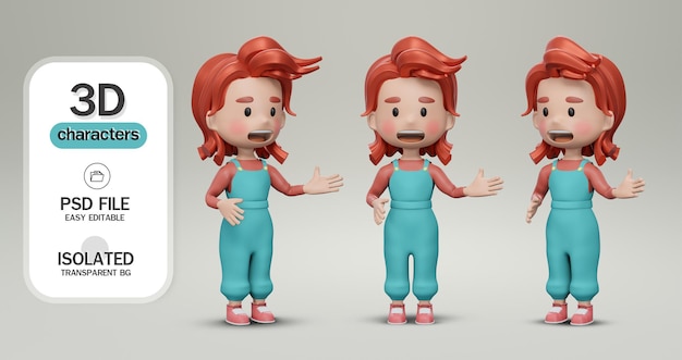 PSD 3d render definir estilo de desenho animado de personagens de meninas