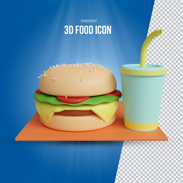 PSD 3d render deliciosa hamburguesa y bebidas frías icono transparente