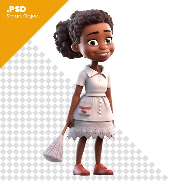 PSD 3d-render des kleinen afroamerikanischen mädchens mit reinigungsmopp psd-vorlage