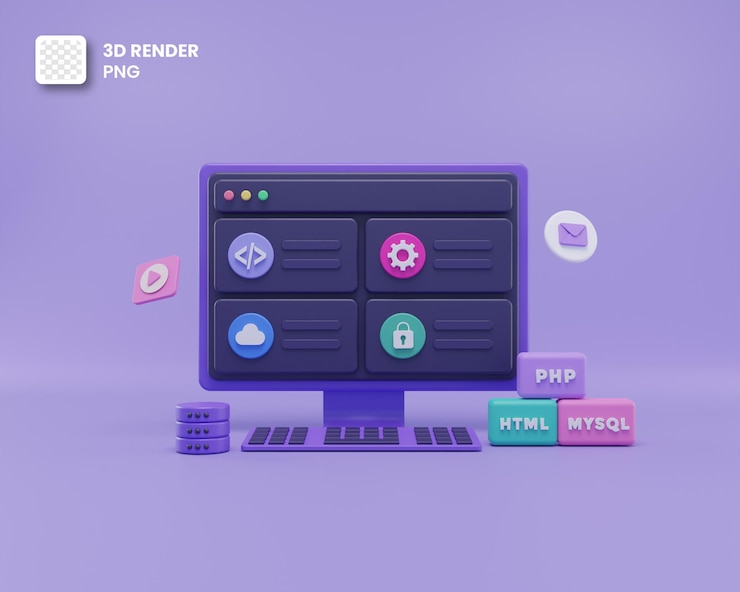 PSD 3d render desarrollo web, desarrollo de software, diseño web, codificación y programación
