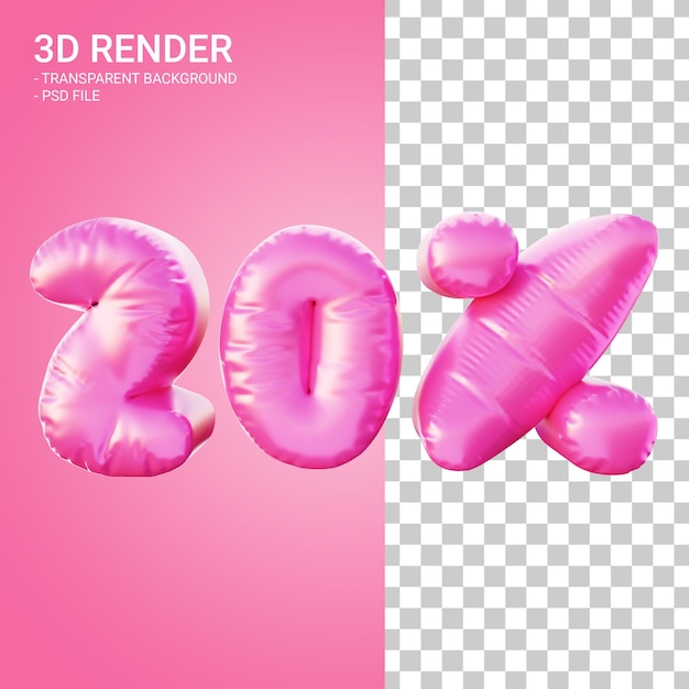 PSD 3d render descuento 20 por ciento con color rosa