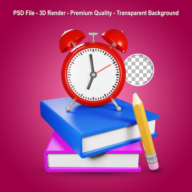 PSD 3d render despertador em livros