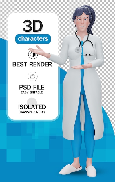 3d render doctor personaje de dibujos animados de pie con bata de laboratorio blanca y estetoscopio