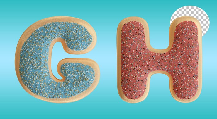PSD 3d render donut glaseado letra g y h forma de alfabeto con chispas de chocolate