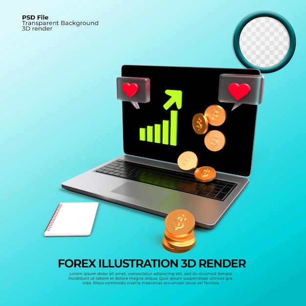 PSD 3d render economía gráfico barra informe moneda