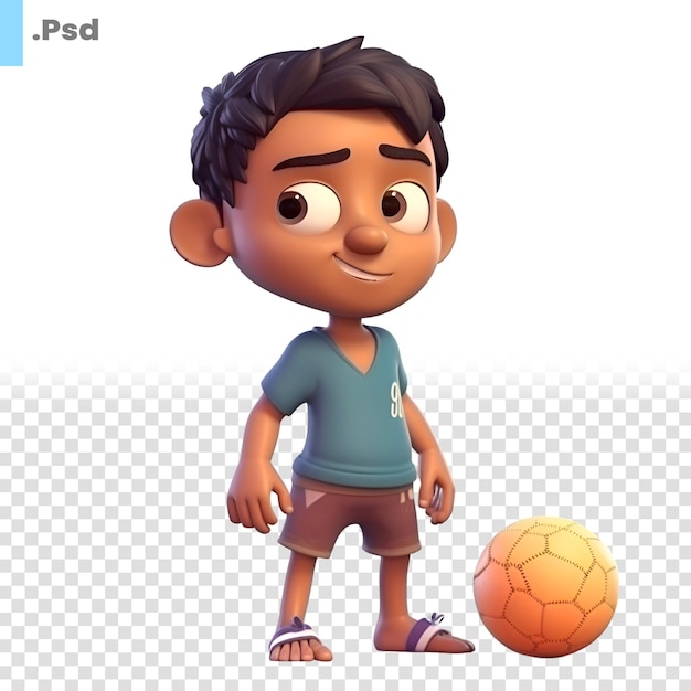 3d-render eines kleinen jungen mit einem fußball, der auf weißem hintergrund isoliert ist