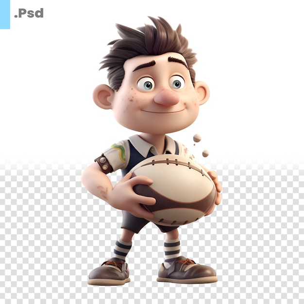 PSD 3d-render eines kleinen jungen mit einem rugbyball, isoliert auf einer weißen psd-vorlage