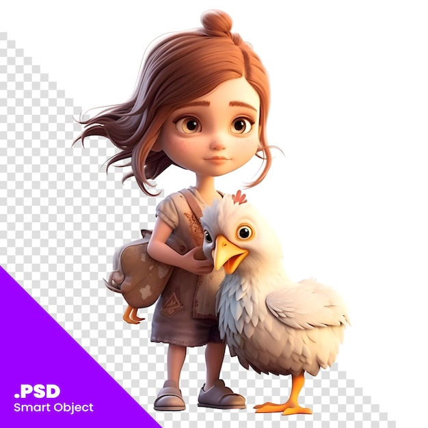 PSD 3d-render eines kleinen mädchens mit einem huhn auf weißem hintergrund psd-vorlage