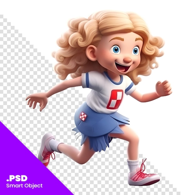 PSD 3d-render eines kleinen mädchens mit kurzen blonden haaren läuft psd-vorlage